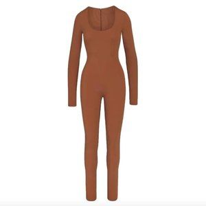 SKIMS Tan All-In-One Scoop Neck Shapewear Long Sleeve Onesie Jumpsuit Cat Small